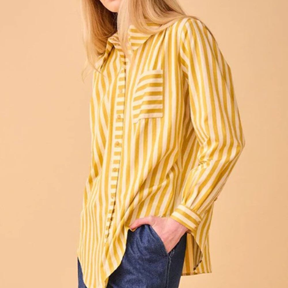 NEW Hunter Bell Miles Stripe Button Down Long Sleeve Pocket Top Yellow Size: S